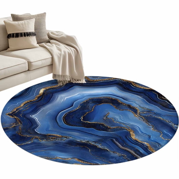 Navy Blue Marble Round Area Rug 4 FT, Non Slip Indoor Outdoor Rug, Contemporary Ink Painting Abstract Washable Soft Circular Carpet Non-Shedding Floor Mat for Coffee Table Nursery Foyer Balcony