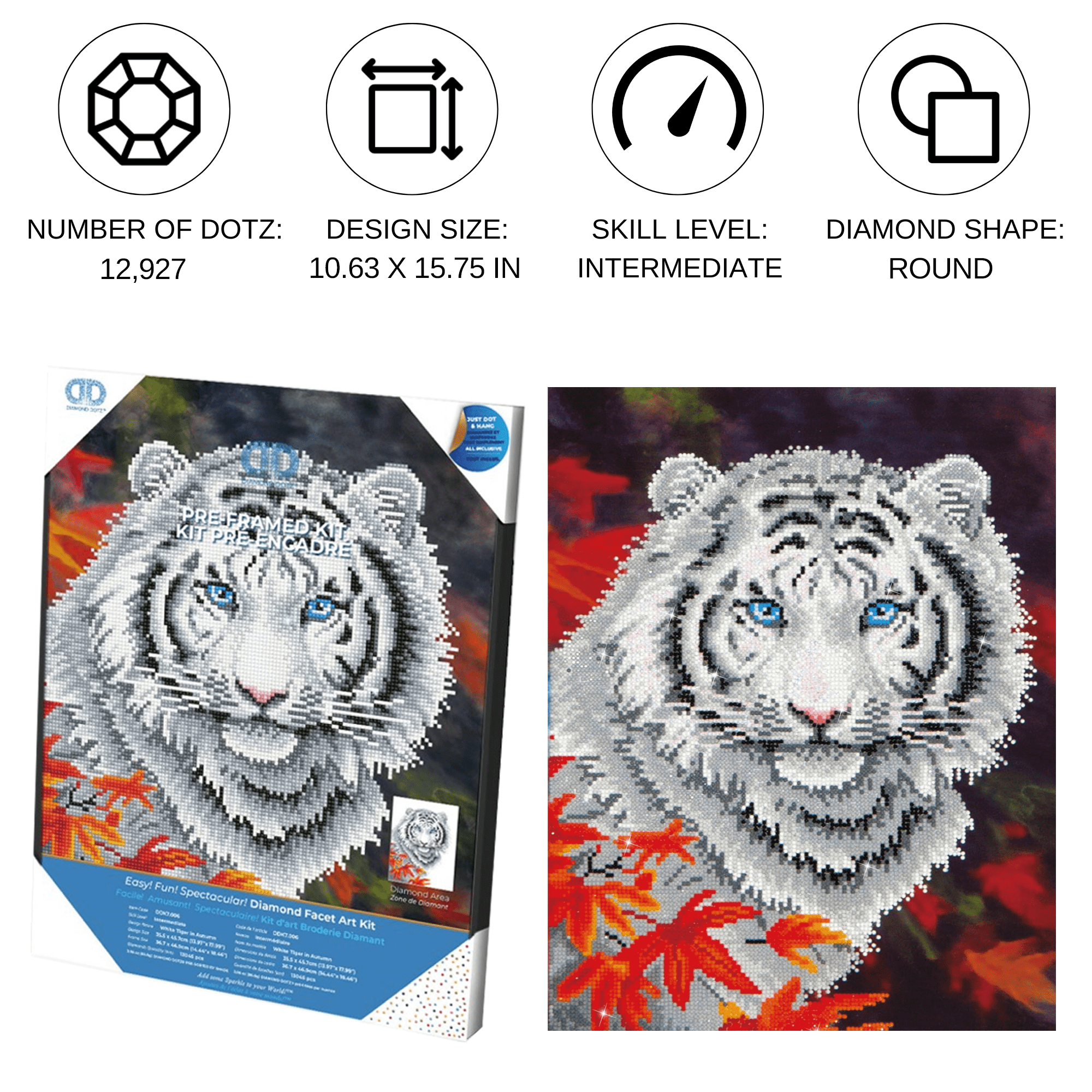 Diamond Dotz White Tiger in Autumn with Frame Animal Diamond Painting Kits for Adults - Diamond Art Kits a Relaxing Creative Craft Kit with Dotz Gems 14"x18"