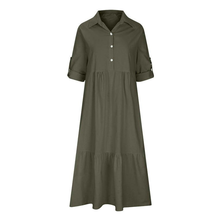 olive green poplin dress Juni Printed Poplin Dress in Green/White main image 0