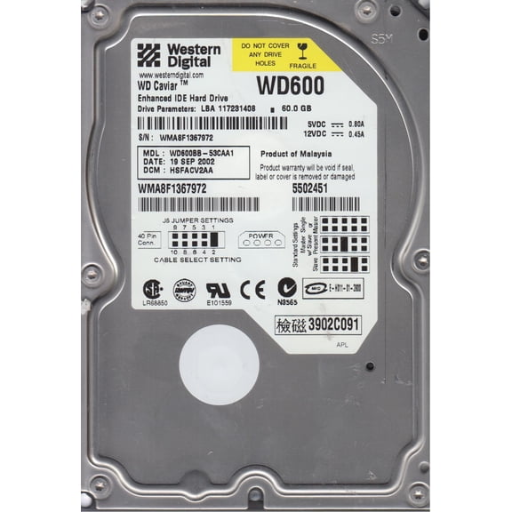WD600BB-53CAA1, DCM HSFACV2AA, Western Digital 60GB IDE 3.5 Hard Drive