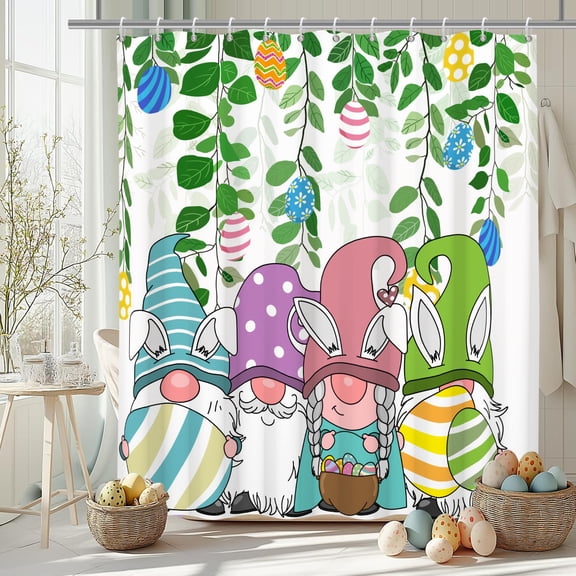 MIZHONA Spring Easter Shower Curtain,Happy Easter Eggs and Gnome Fabric Funny Bathroom Curtain with Hooks,72x72 in