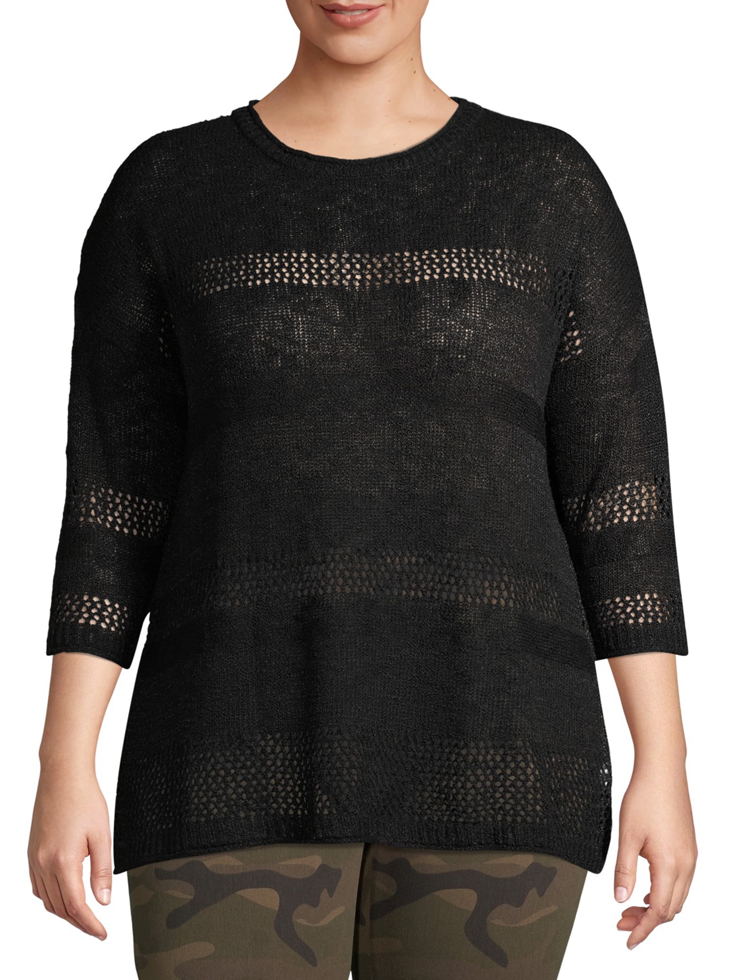 Terra & Sky Women's Plus Size Open Stitch Quarter Sleeve Pullover Sweater - Walmart.com