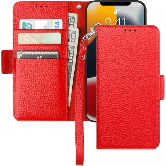 Wallet Case for iPhone 13 Pro Max 5G, Genuine Leather Support Wireless Charging RFID Blocking Flip Case Card Slots Holder, Kickstand Book Folding Folio Cover with Wrist Strap 6.7 Inch(Red)