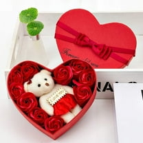 Valentine's Day Hearted Shape Bear with Red Rose Gift Set - Love Bear, Artificial Red Roses & Silk Petals in Gift Box - Perfect for Engagement, Mother's Day & Holiday Christmas