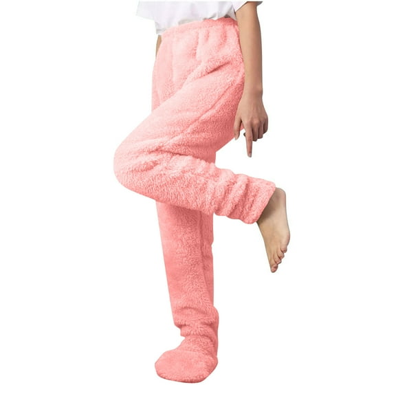 Stamzod Winter Pants for Women Fashion Solid Color Elastic Waist Footed Fleece Pants Women Casual Thicked Warm Sweatpants with Pocket Pink XL