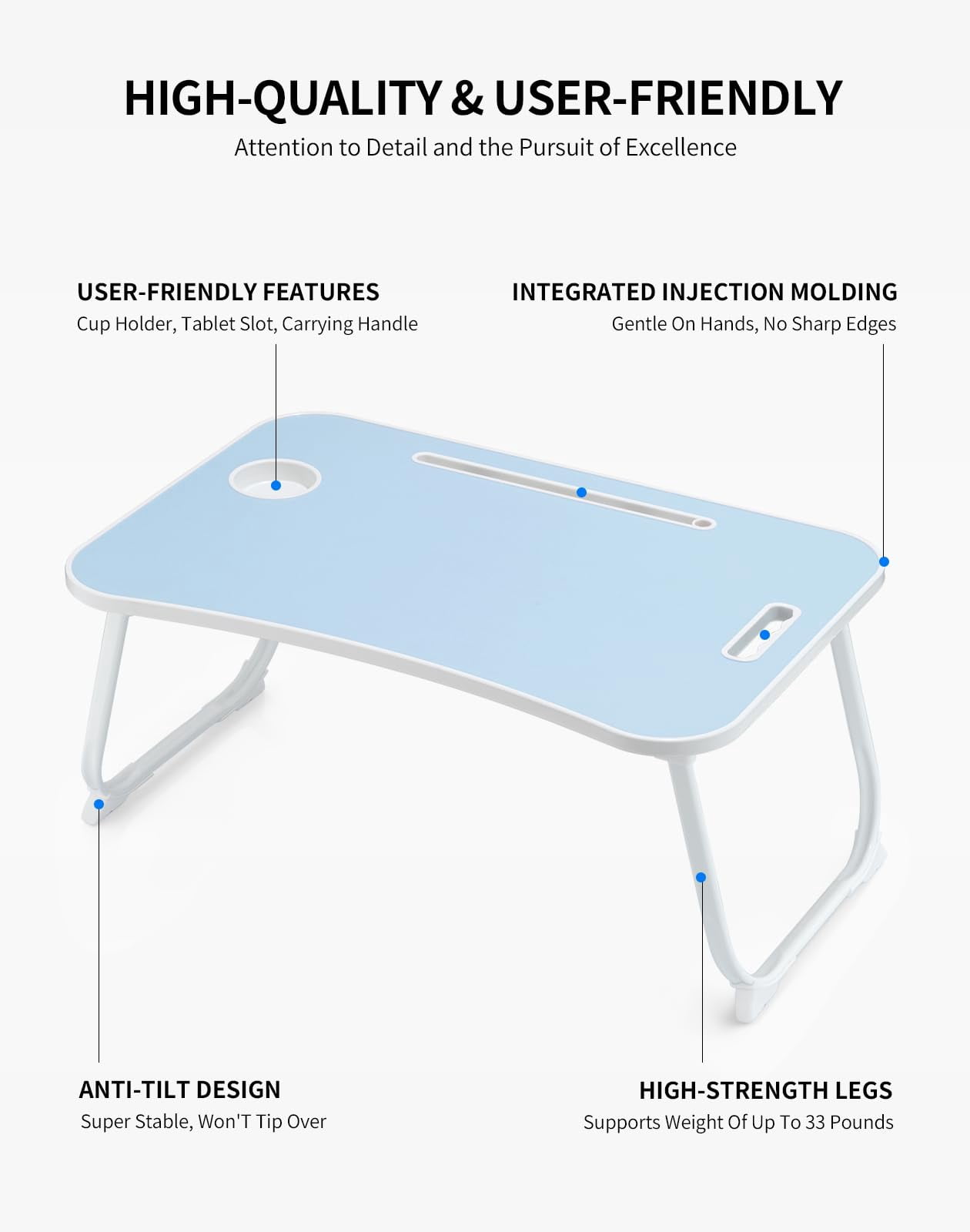 Laptop Bed Desk  Foldable Lap Portable Table Stand With Cup Holder & Tablet Slot Lifting Handle For Working Writing Drawing Eating - Blue