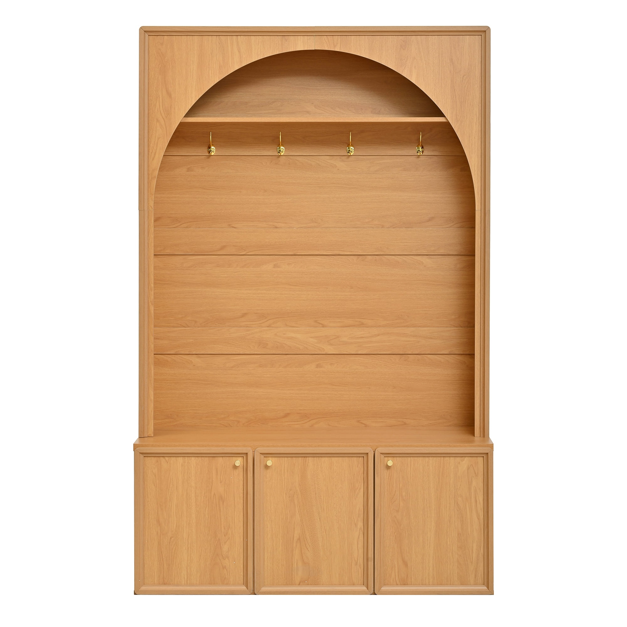 T-Foyer Farmhouse Natural Hall Tree with 4 Hooks & 3 Cabinets, Wooden Rustic Entryway Organizer with Open Storage
