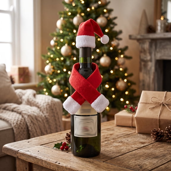 AURIGATE Christmas Wine Bottle Ornaments, 5.12x3.94 in Non Woven Scarf Hat Set for Holiday Table Home Decor