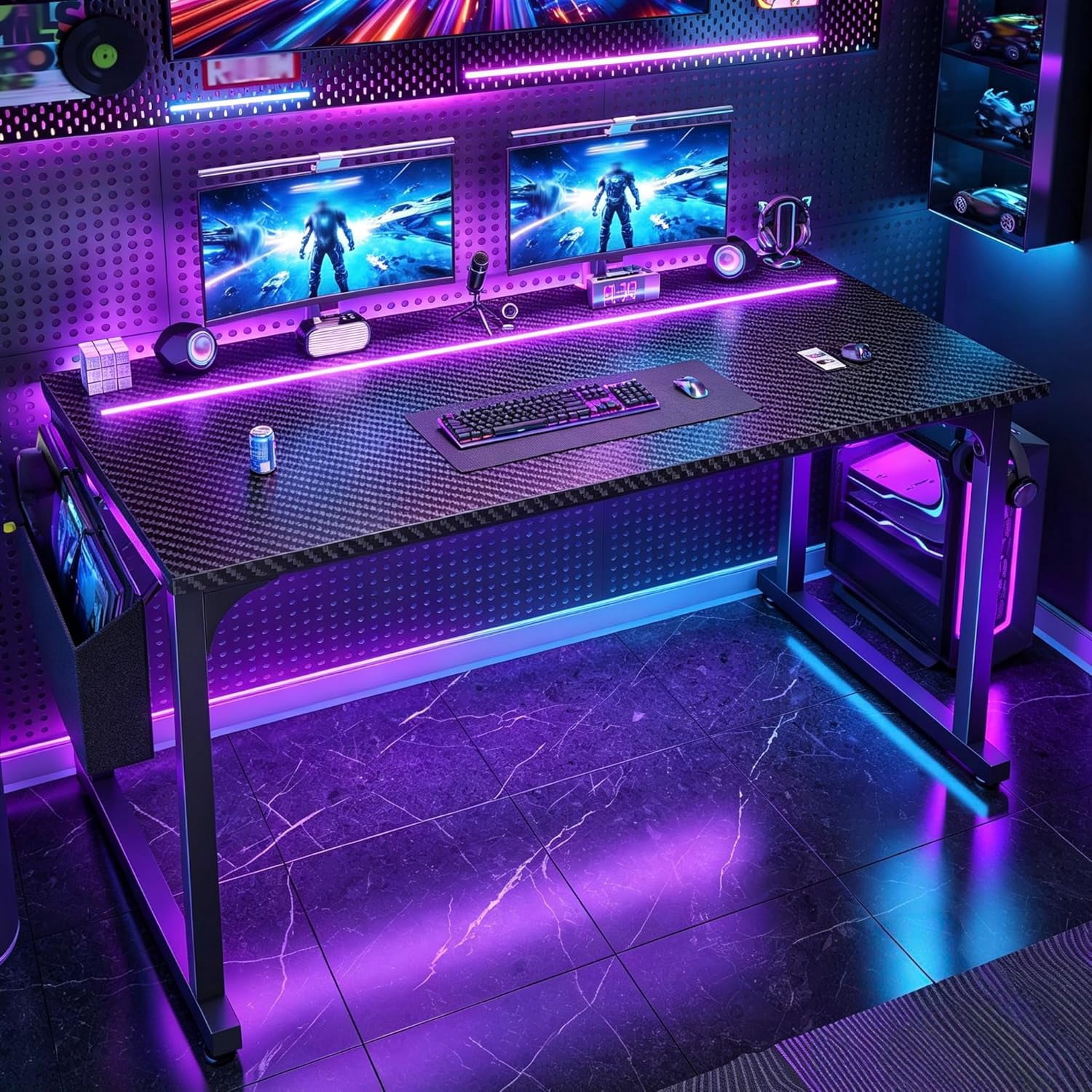 Romorgniz 39.4 inch LED RGB Gaming Desk, Sturdy Large Computer Workstation with 2 Headphone Hooks & Side Storage Bag, Home Office Desk, Black