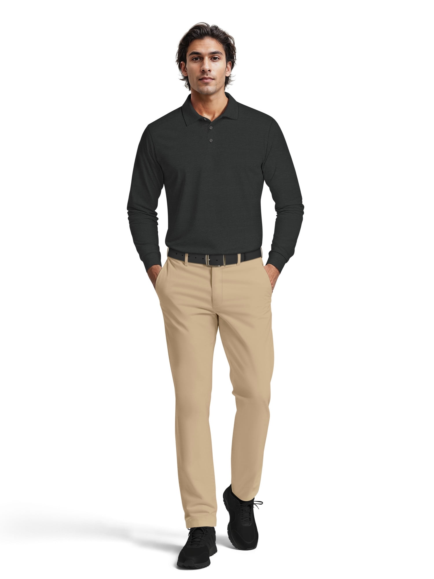 Ben Hogan Men's & Big Men's Performance Long Sleeve Heather Stripe Polo – Moisture Wicking, Easy Care, S-5XL