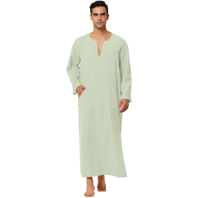 Camisón de algodón para hombre con cuello en V y abertura lateral, vestido largo con bolsillo Verde M