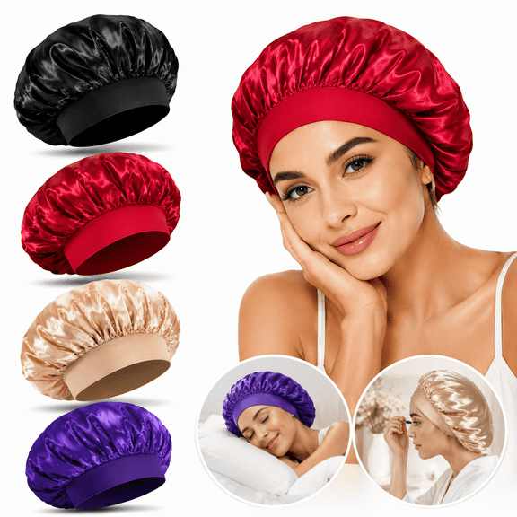 Ustris 4Pcs Satin Bonnet Silk Bonnet, Hair Bonnet for Sleeping, Elastic Wide Band Silk Sleep Cap, Soft and Breathable (Black Red Purple Gold)