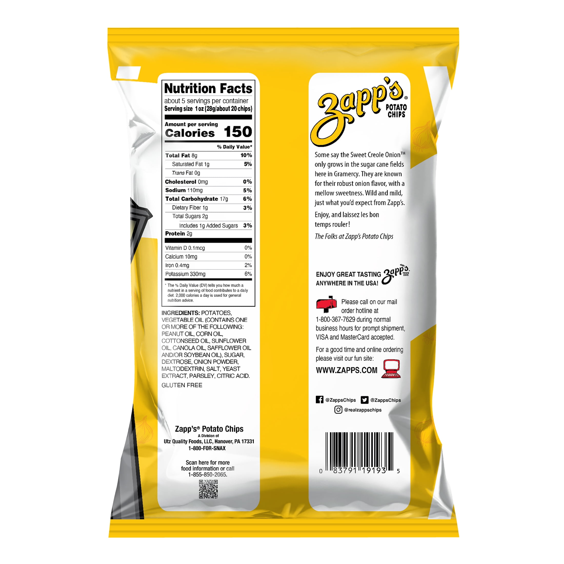 Zapp's Sweet Creole Onion New Orleans Kettle Style Potato Chips, Gluten-Free, 4.75 oz Bag