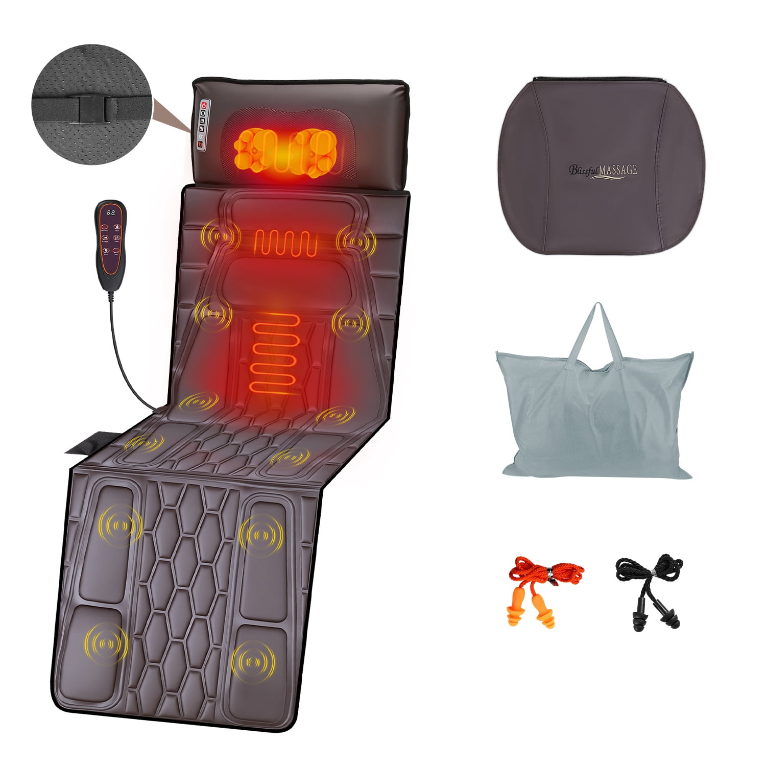 Imountek PU Leather Full Body Massage Mat with Heat Timer, Multifunctional Electric Massage Chair Pad with Shiatsu Neck Massager Carry Bag Earplugs Anti-Slip Bottom for Home