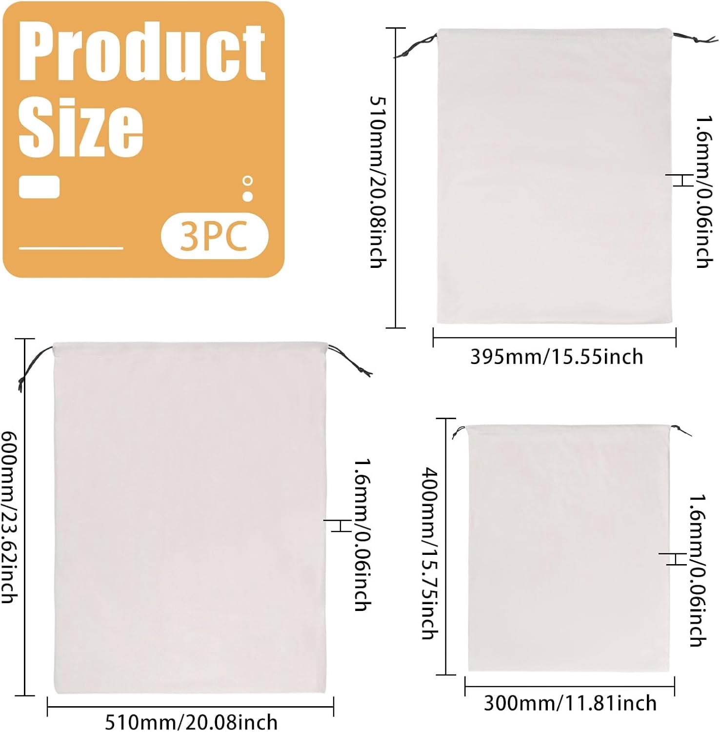 3 Pcs 3 Size Travel Shoe Bags for Packing 15.7''×11.8'' Shoe Storage Bag Dustproof Drawstring Travel Bags for Men and Women Travel Dorm Hotel College Gym, White