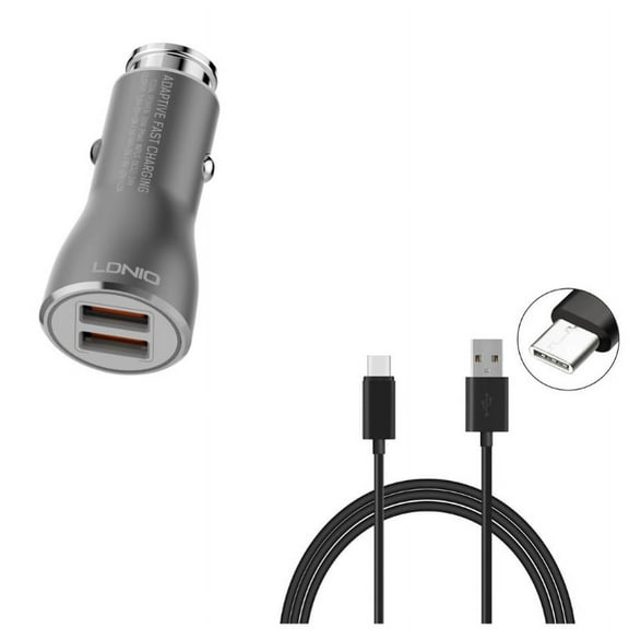 Charger Cord Type-C 10ft USB Cable w 2-Port USB 36W Fast Car Charger E9X for Motorola Moto Z3 Play Z2 Play Z Play Droid Force Droid X4, Revvlry Plus, G7 Power Play G6 - Nokia 3.1, 7.1, 8, Plus