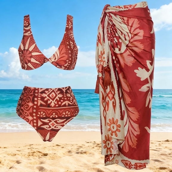 Sakmal 3 Piece Bikini Sets for Women Plus Size Padded Swimwear Tropical Red Floral Womens Bathing Suits L