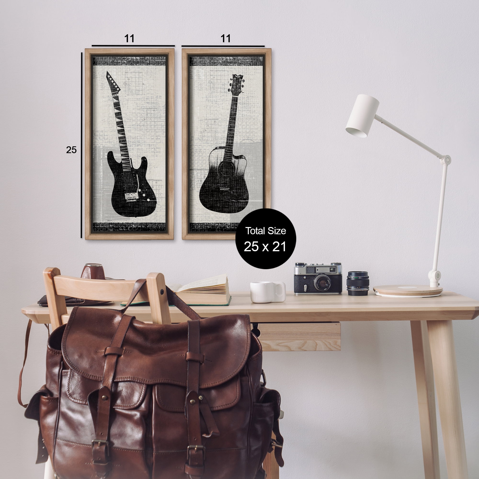 Stupell Industries Electric Acoustic Guitar Entertainment Painting Brown Floater Framed Canvas Art Print Wall Art, 11 x 25, Set of 2