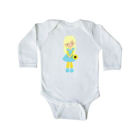 

Inktastic Sunflower Girl Blonde Hair Blue Dress Flower Gift Baby Girl Long Sleeve Bodysuit
