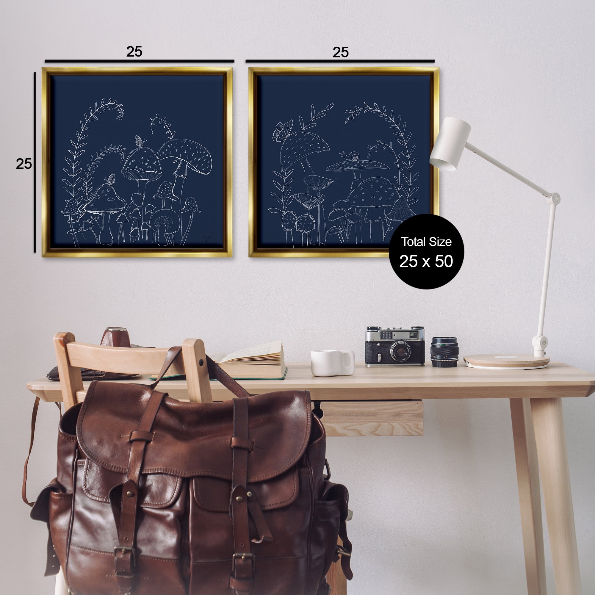 Stupell Industries Minimal Happy Mushroom Garden Floral & Botanical Painting Gold Floater Framed Canvas Art Print Wall Art, 25 x 25, Set of 2
