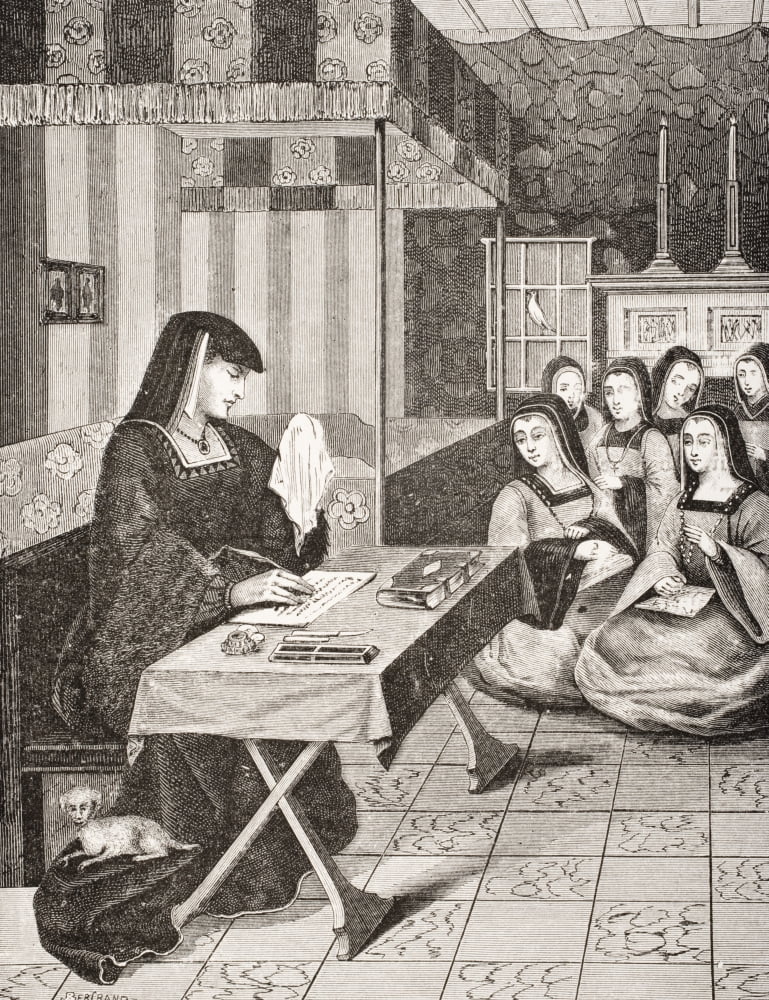 Court Of The Ladies Of Queen Anne Of Brittany 1477 To 1514 19Th Century Reproduction Of 16Th Century Miniature From Epistres Envoyees Au Roi Queen Weeping Because Husband Absent During Italian War Can