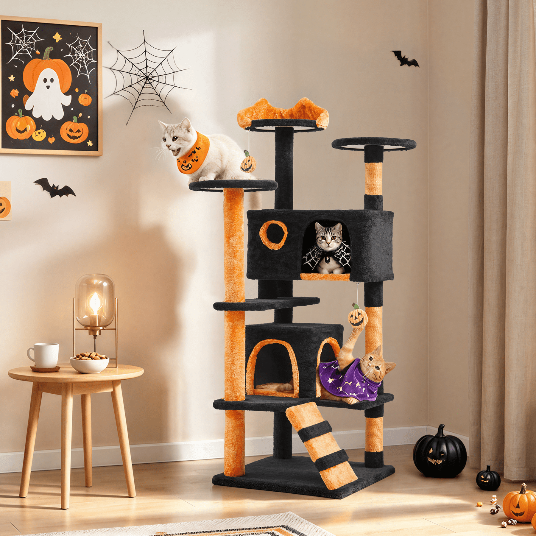 Alden Design 54″ Tall Cat Tree with 3 Scratching Posts, Black/Pumpkin Orange