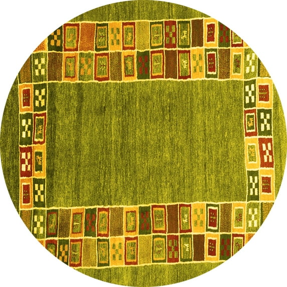 Ahgly Company Machine Washable Indoor Round Abstract Yellow Contemporary Area Rugs, 8' Round