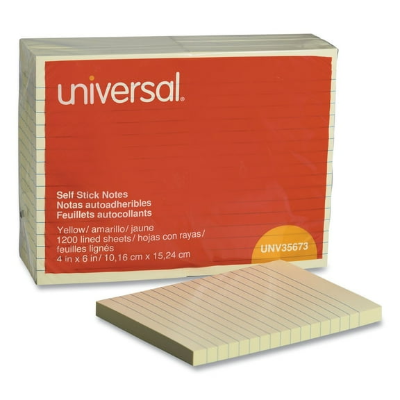 Universal Self-Stick Note Pads, Lined, 4 x 6, Yellow, 100-Sheet, 12/Pack -UNV35673