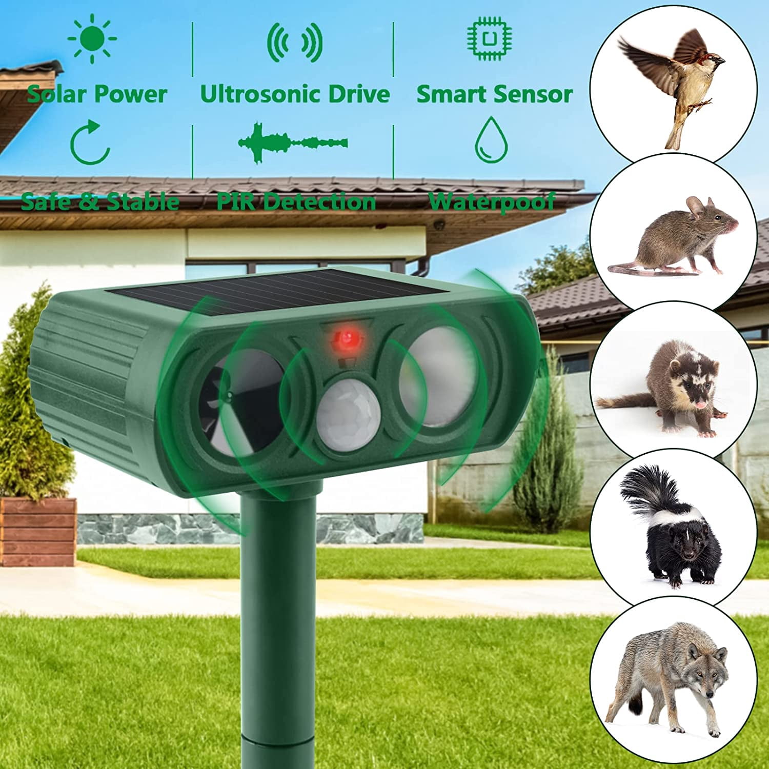 Onemayship 2Pack Upgraded Solar Animal Repellent - Waterproof Outdoor Ultrasonic Pest Deterrent Device to Keep Deer, Cat, Dog, Raccoon