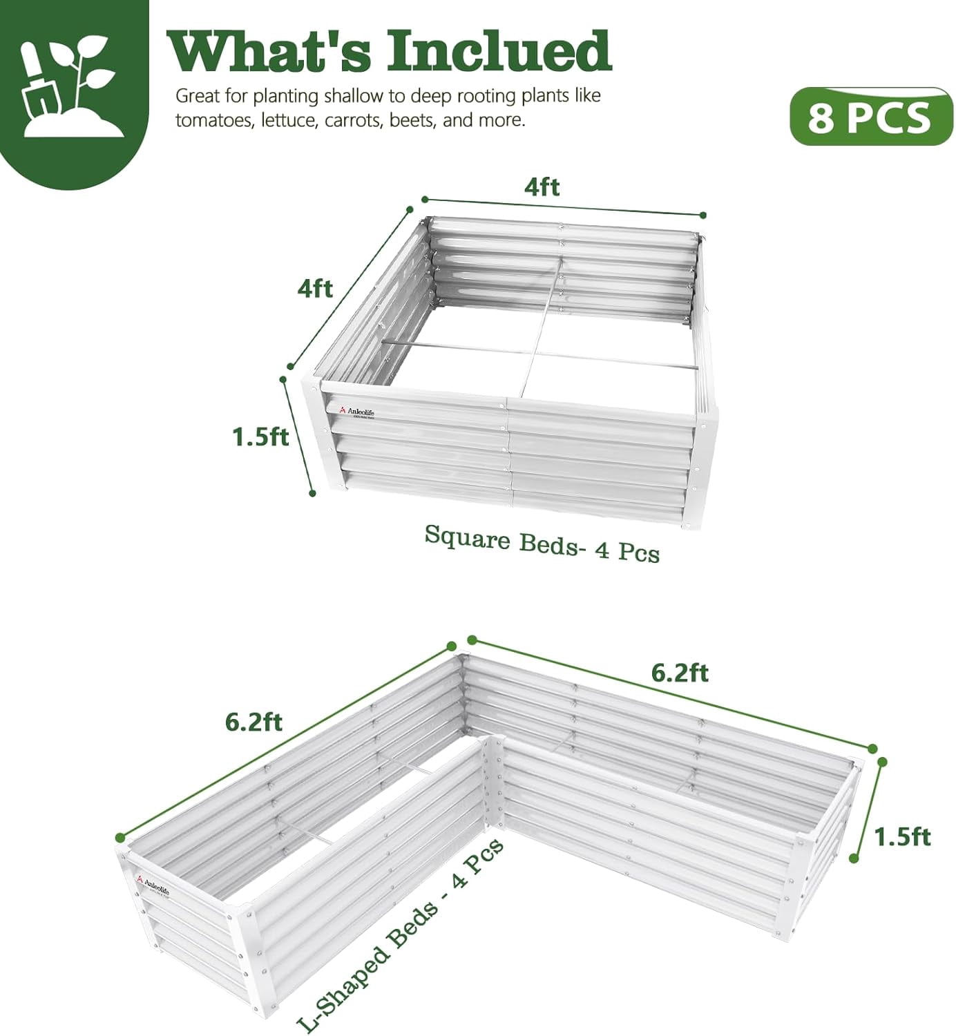 A ANLEOLIFE 8-Piece 18 Inch Tall Antique White Raised Garden Beds Kit, L-Shaped & Square Metal Planters –Ideal for Structured Backyard Layouts.