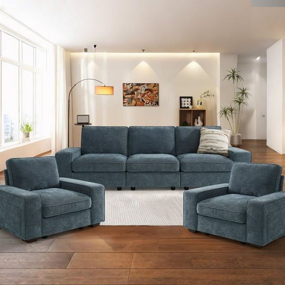 MAEVIS 3-Piece Sofa Set for Living Room 3-Seat Modular Sectional Sofa & 2-Piece Armchair with Large Storage Space Comfy Chenille Cover Couch Set (Blue, 5-Seat)