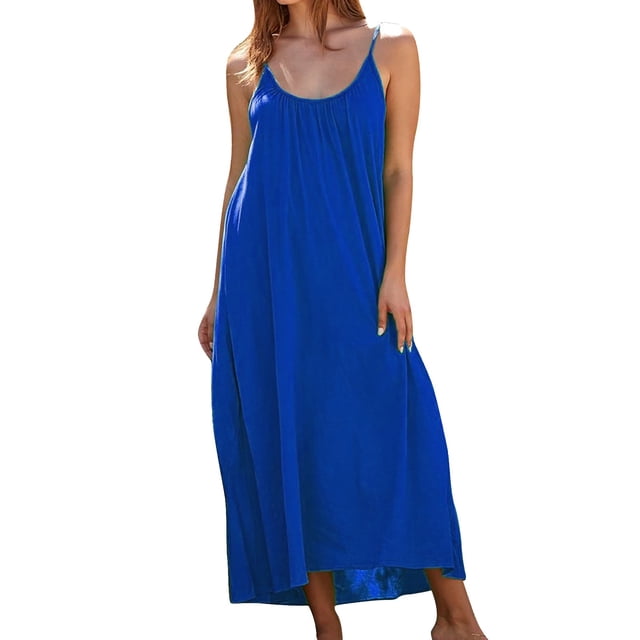 Yuyuzo Robes Maxi pour Femmes à Bretelles Spaghetti Sans Manches Robes d'Été Col Rond Plissées Décontractées Fluides Robe d'Été