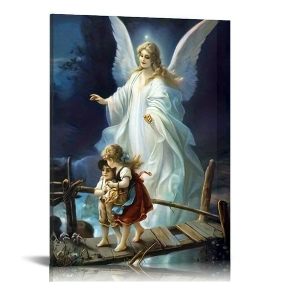 Vintage Angel Guardian Canvas Art Print - Beautiful Wall Decoration for Bathroom, Bedroom, Office, Living Room - Wooden Frame, Religious, Printed Poster, Home Decor