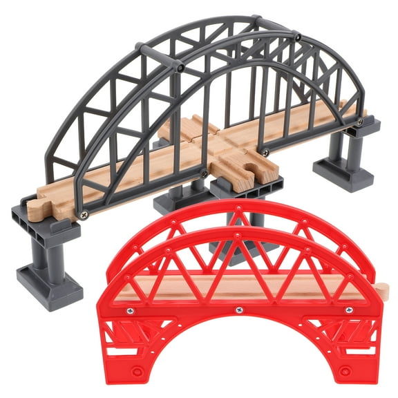 FRCOLOR Wooden Train Track Bridge Toy with Plastic and Wood Material for Creative Play in Red Color 2 Pieces