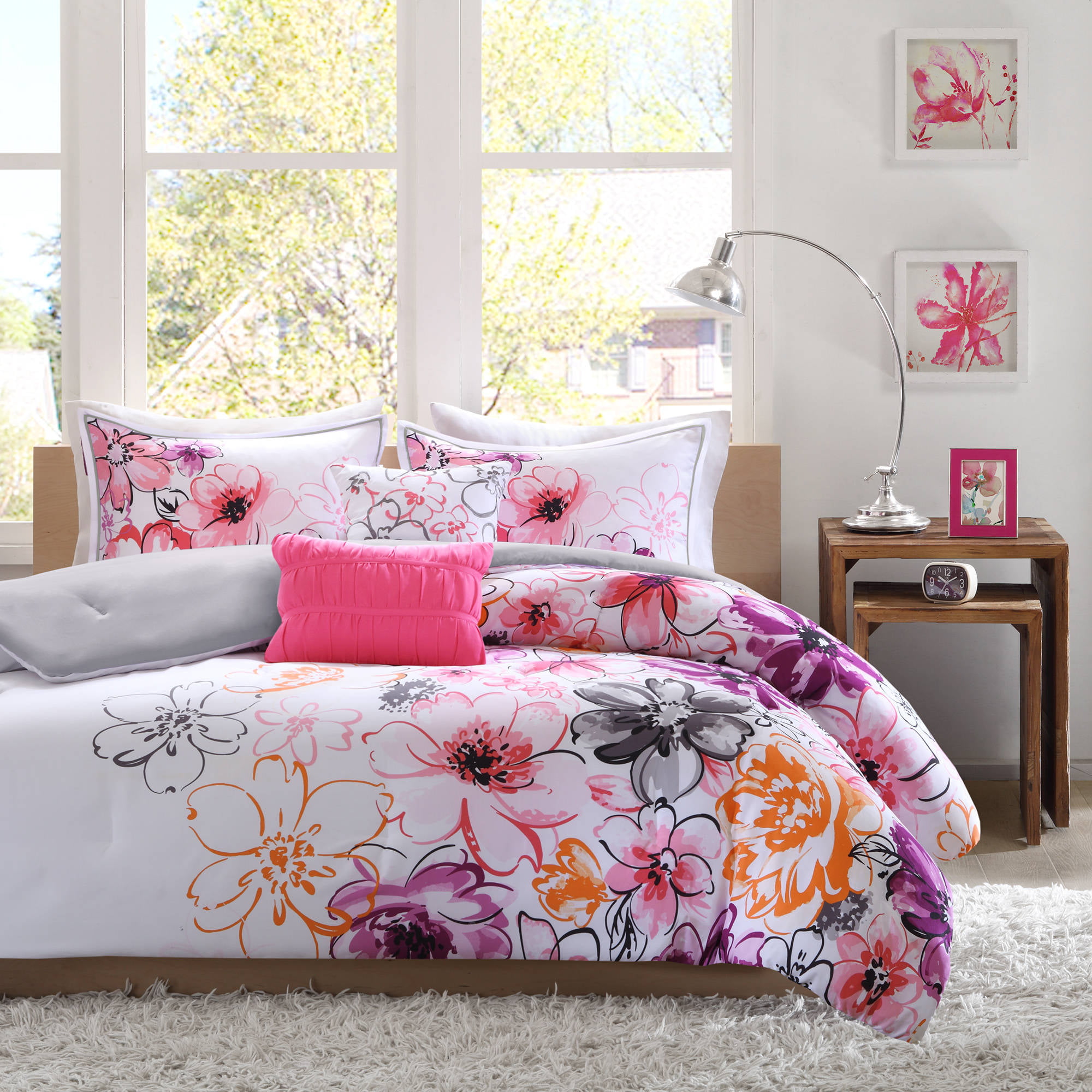 8-PC Complete Bed Set Comforter Pink Purple Floral Flowers King Queen Full Twin