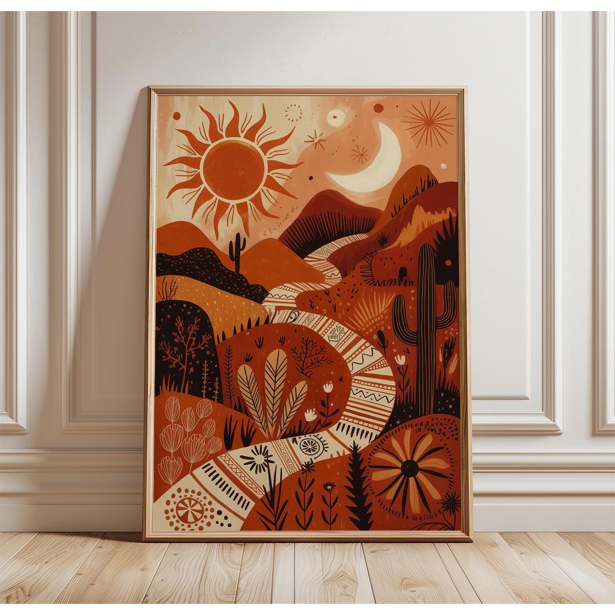 Desert Folk Landscape Poster | Warm Boho Wall Art | Southwestern Nature Print Poster Only