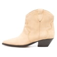 thumbnail image 2 of FSJ Women Western Cowboy Cowgirl Stacked Low Heel Short Boots Faux Suede Pointed Close Toe Pull On Retro Ankle Booties Formal Outfit Shoes Size 8 Apricot, 2 of 4