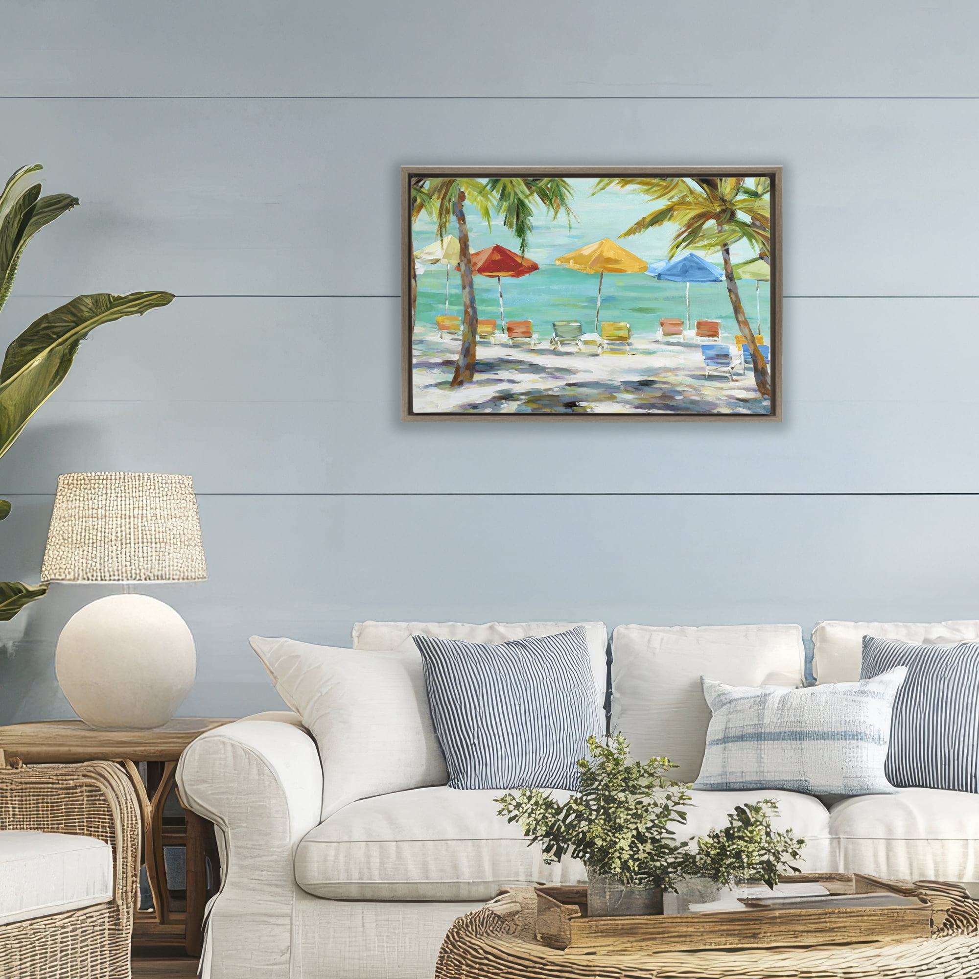 Stupell Industries Umbrellas Under the Palms Brown Framed Floater Canvas Wall Art, design by Lorenzo Collective