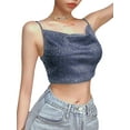 thumbnail image 2 of Txlixc Blusa de verano para mujeres, correas de espaguetis brillantes, negras cuello V de corte bajo para niñas Txlixc moda, 2 of 8