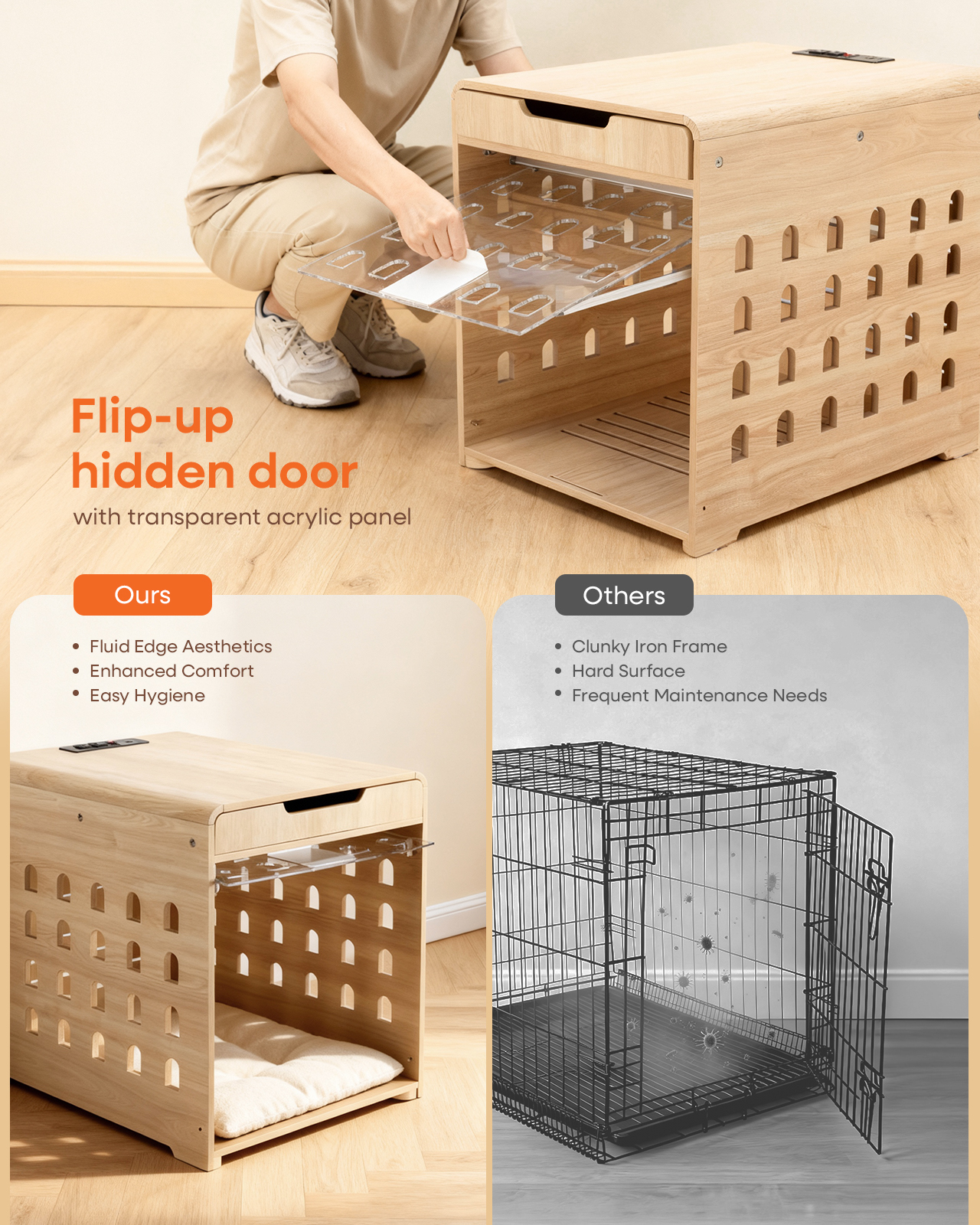 Furnibear Modern Dog Crate Furniture with Charging Station, Multifunctional Side End Table Indoor Kennel with Hidden Door for Small Dogs Breeds up to 45lb,Oak