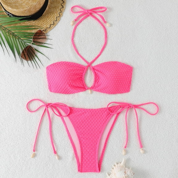 Karight Women's Triangle Bikini Set - Halter Neck with Gold Star Charms, Side Tie Thong Bottoms Two Piece Swimsuit for Beach Pool Vacation