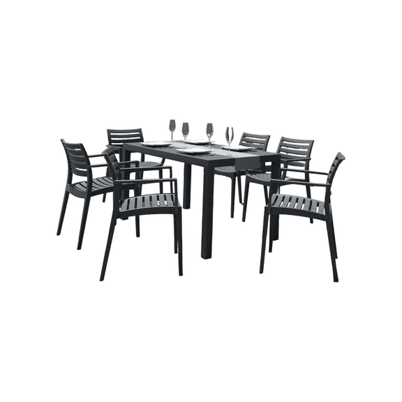 Luxury Commercial Living 7-Piece Dark Gray Rectangle Patio Dining Set with Arm Chairs 55"