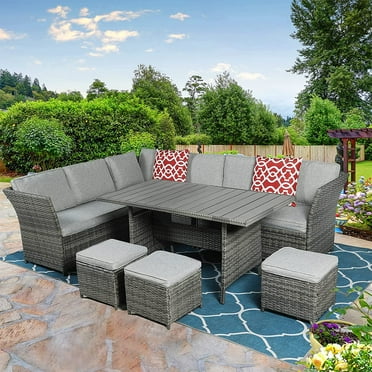 MEETWARM 7 Pieces Wicker Patio Furniture Set Outdoor Conversation Set All Weather Rattan Sectional Sofa Couch Garden with Ottoman (Gray)