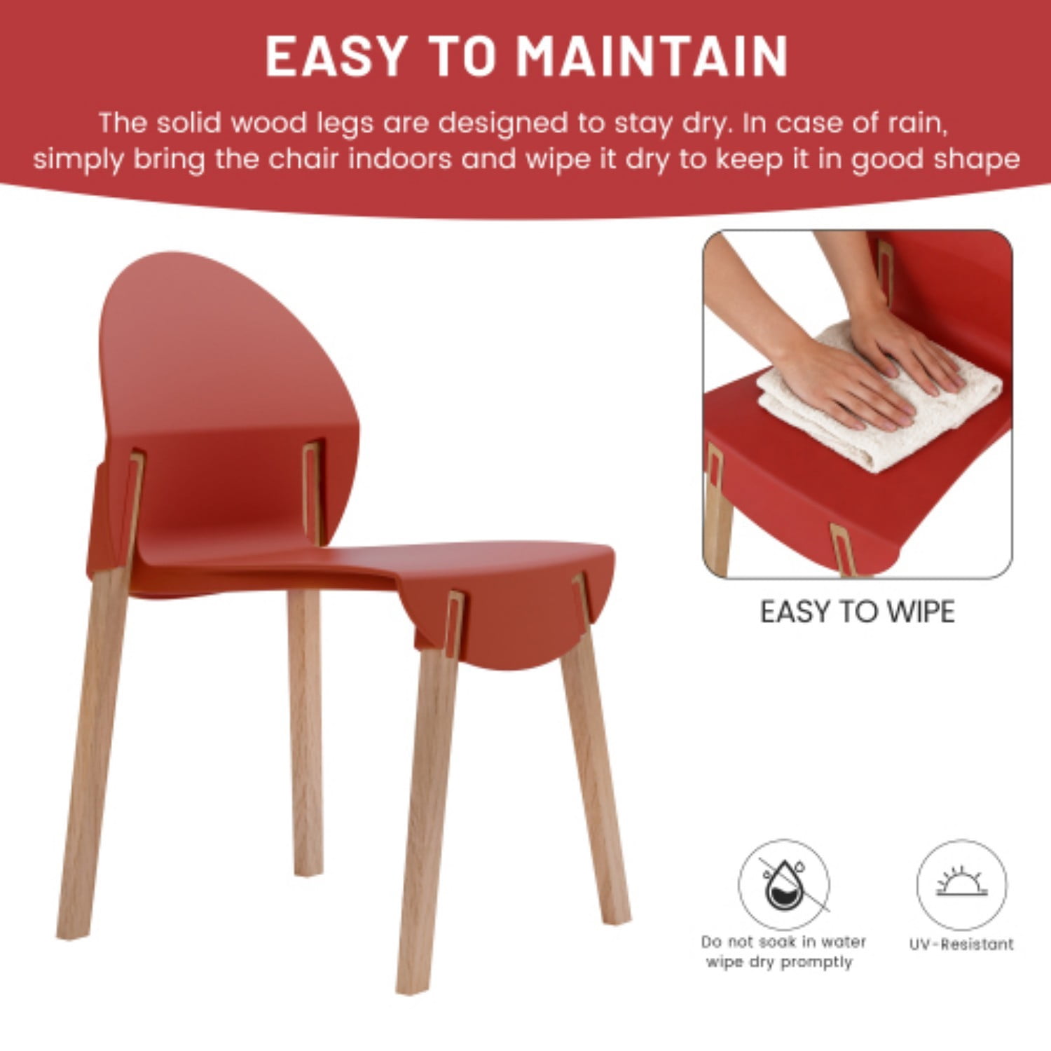Dining Chairs Set of 4, Modern Kitchen Chairs with PP Seats & Solid Red Oak Wood Legs, 330 lb Capacity, Indoor Dining Room Living Room Chairs, Crimson Red