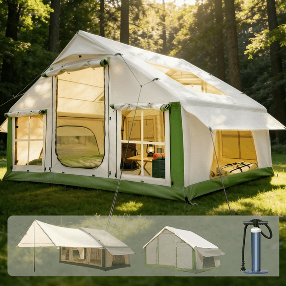 4-6 Person Inflatable Tent with Skylight & Stove Jack, Blow Up Camping Tent, Hot Tent, Waterproof Oxford Air Tent with Pump, Quick Setup Family Glamping Tent for Outdoor Camping