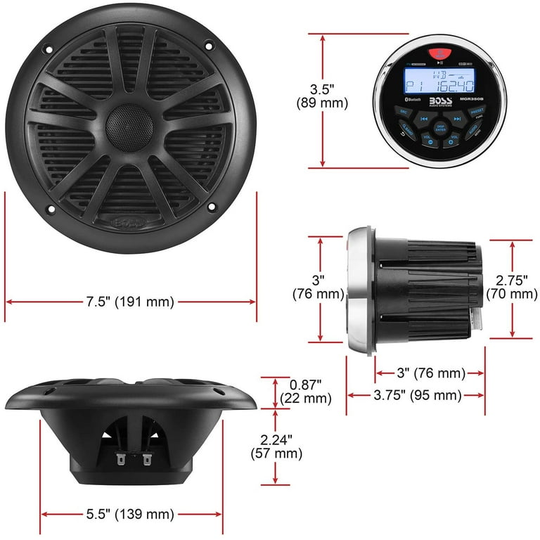 BOSS Audio Systems Marine Gauge Receiver Speakers, Bluetooth