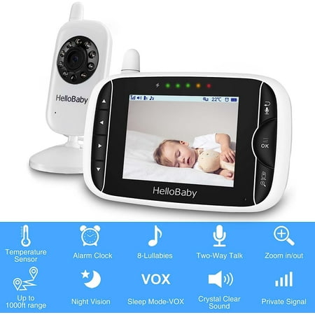 Video Baby Monitor with Camera and Audio, 3.2Inch LCD Display, Infrared Night Vision, Two-Way Audio and Room Temperature Monitoring,Lullaby,Sound Activated Screen HB