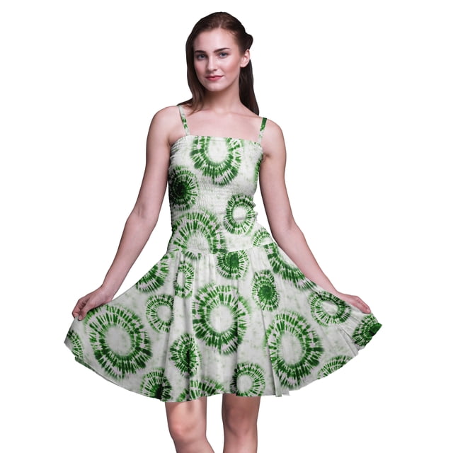 Bimba Robe d'Été à Bretelles Spaghetti Imprimée Teinture sur Nœuds Robe de Plage de Vacances-TG