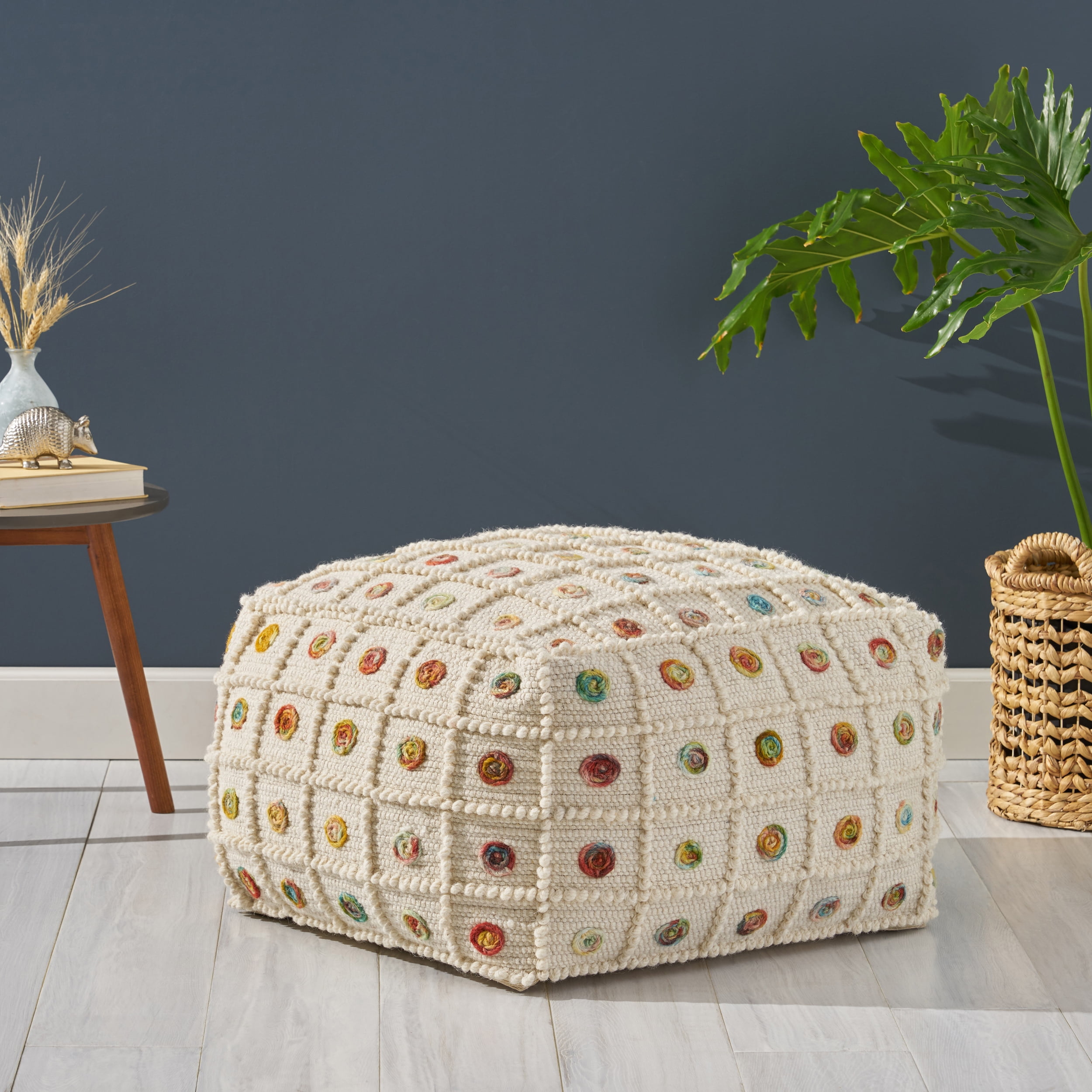 Noble House Miracle Boho Wool and Cotton Large Ottoman Pouf, White and