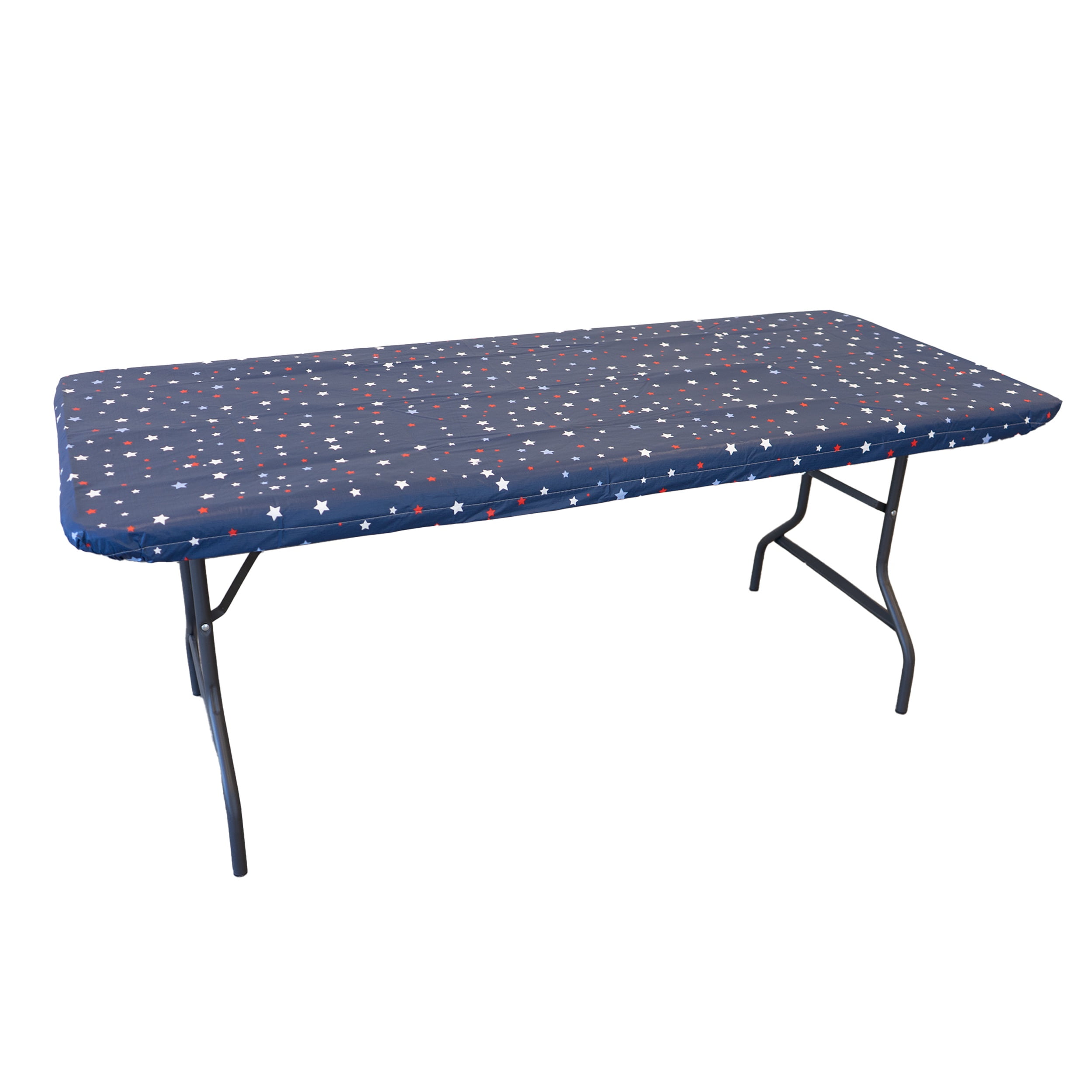 Waverly Inspirations Rectangular Elastic Fitted Table Cover Waterproof Vinyl Tablecloth With Flannel Backing, 6Ft Table, 72" x 30", Scattered Stars With Blue Base, 1 PK